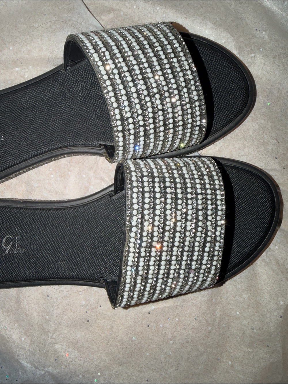 Women's Black Crystal-Embellished Slide Sandals